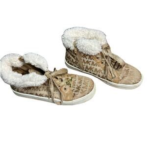 Michael Kors Weekend Tan High Top Sneaker Boots Monogram Fur Trim Girls Size 1